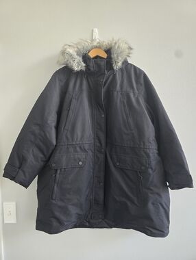 Lands End 600 Fill Down Parka Coat Faux Fur Hood Black Womens 3X NWT
